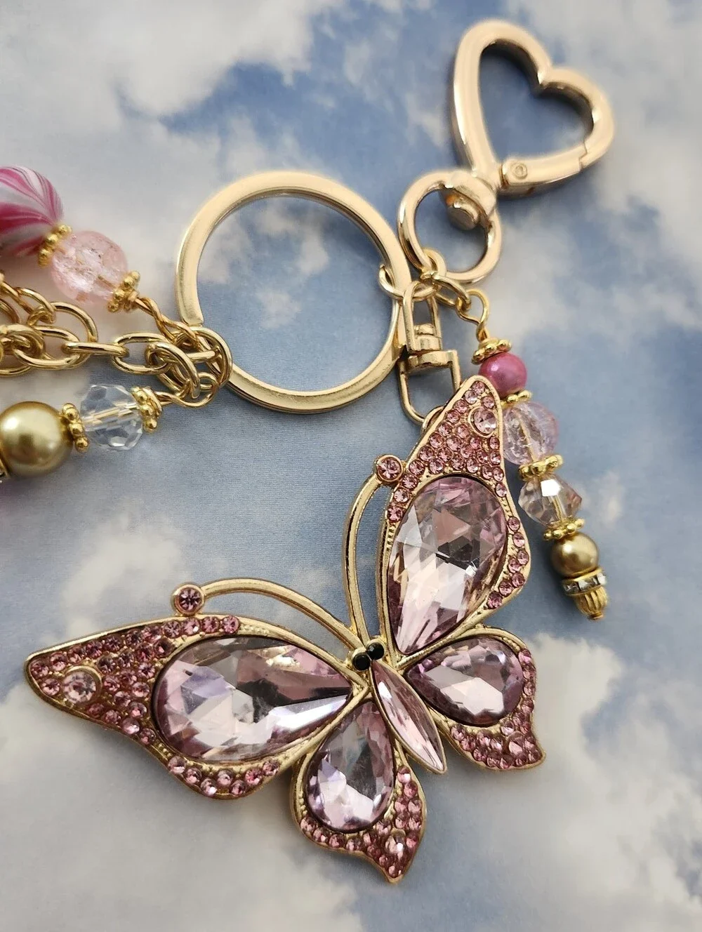 Butterfly Purse or Bag Charm Quartz Agate Handcrafted Pink Rhinestone